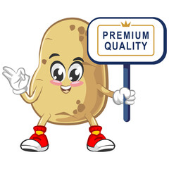 vector illustration of cute mascot of potatoes showing a board that says premium quality