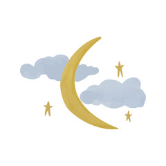 Space objects hand drawn with watercolors in boho style. Vector illustration. Crescent and stars painted with paints for children's design.