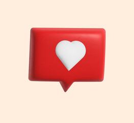 Isolated Social media 3D heart icon on red speech bubble shape. Social Media concept poster illustration