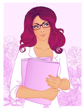 Young attractive in eyeglasses woman holding books. Vector illustration.