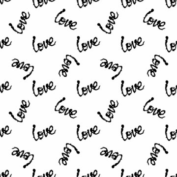 Love Vector Brush Heart Seamless Pattern Word Love Grange Minimalist Design in Black Color. Modern Grung Collage Background for kids fabric and textile