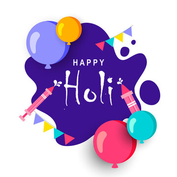 Colorful Holi Vector Illustration With Water Balloons And Water Guns On Water Shaped Background