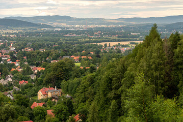 Fototapeta na wymiar Panorama of the town of Sobieszów (Jelenia Góra district) on a beautiful summer day