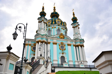 Fototapeta na wymiar St Andrew's Orthodox Church in Baroque Style on a Hill; designed by Bartolomeo Rastrelli