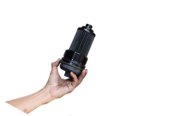 The mechanic is repairing and replacing the old one to replace the new one. engine oil filter...