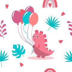 cute little dinosaur with balloons, tropical leaves. Baby's birthday, children's holiday. Seamless pattern. Postcard, textiles