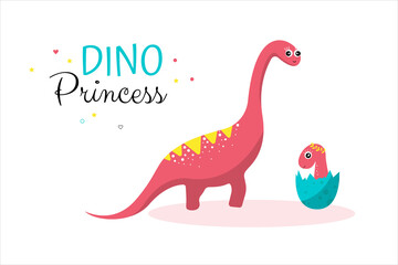 Fototapeta na wymiar Dino is princess. Mom is dinosaur and little pink dinosaur in eggshell. Baby's birthday, birth, children's holiday. Postcard, textiles, gift wrapping paper, baby shower invitation.