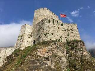 Castle,historical castle, top of mountain.Turkish Flag on the castle