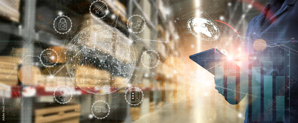 Poster businesss workers using digital tablet computer cargo and tracking delivery for transportation and g