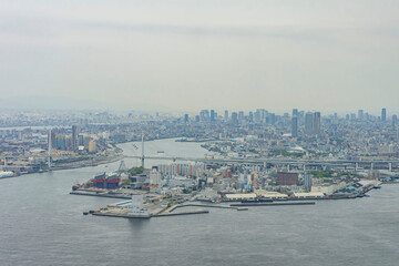 Overcast aerial view of Osaka port cityscape