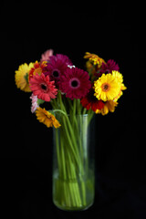 8 march or International women's day concept. Beautiful bouquet of yellow red and pink flowers in glass vase isolated on black background. Florist or botanical theme. High quality image