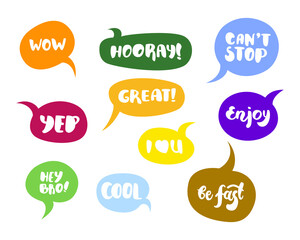 Lettering in speech bubbles set. Messages flat hand drawn illustrations. Handwritten text in frames