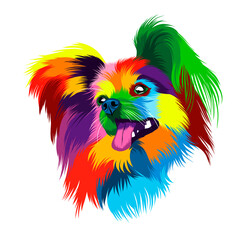 Abstract dog head portrait Continental Toy Spaniel, Dog Papillon from multicolored paints. Colored drawing. Puppy muzzle portrait, dog muzzle. Vector illustration of paints