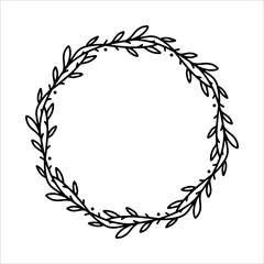 Vector hand drawn spring wreath isolated on white background. Outline circle of leaves. Doodle style. Floral frame.