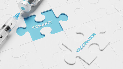 Vaccination puzzle with medical syringe. 3D Rendering