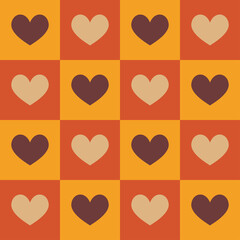 1970 Heart Retro Seamless Pattern on Orange Checkered Background. Hand-Drawn Vector Illustration. Seventies Style, Groovy Background, Wallpaper, Print. Flat Design, Hippie Aesthetic.
