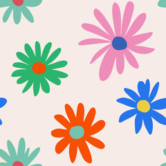 Fototapeta na wymiar 1970 Daisy Flowers Seamless Pattern in Multi-colored palette. Hand-Drawn Vector Illustration. Doodle Style, Groovy Background, Wallpaper, T-shirt. Hippie Aesthetic. Boho background design for kids.
