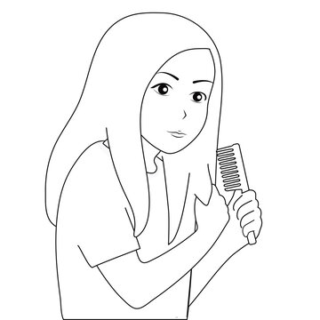 recommend clip art: The girl combs her hair, holding a lock of hair in her hand. Vector, black and white.
