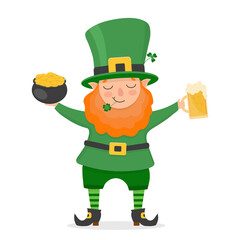 St. Patrick's Day Irish bearded gnome man with mug of beer and pot of gold. Cute Leprechaun.