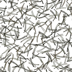 Seamless background: coniferous (pine) brown needles on a white background. Multiple repeating elements. Watercolor 