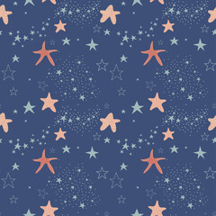 Obraz na płótnie Canvas Seamless pattern with orange starfish among little stars on blue background, mystical and magical, illustration. Flat vector illustration.