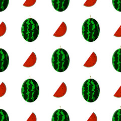 Vector illustration. Seamless pattern of a whole watermelon and a juicy cut piece on a white background. For printing on fabric, paper.
