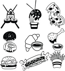 fastfood set. black and white. Vector graphics