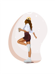 A sporty long-haired girl with a glass of coffee in her hand and a cap dances in sneakers.shorts