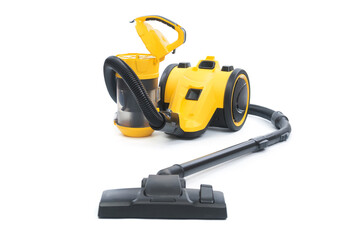 Yellow vacuum cleaner with dust filter isolated on white background