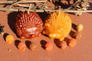 Beeswax candles in a shape of hedgehog family, DIY hobby, startup business, handmade 