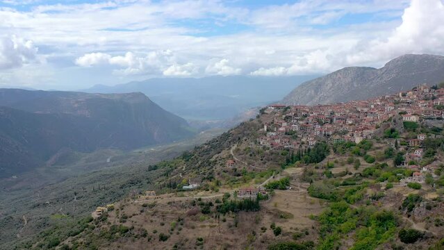 Aerial view of Arachova village in the mountains of Greece, Europe. An area near the ancient Greek city of Delphi. Historic Village on a Hill.