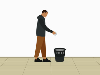 Male character throwing garbage into wastebasket standing on the floor