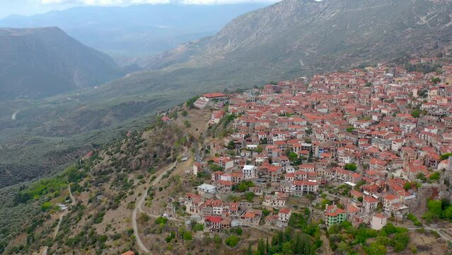 Aerial view of Arachova village in the mountains of Greece, Europe. An area near the ancient Greek city of Delphi. Historic Village on a Hill.
