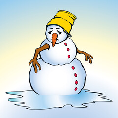 Snowman in snow. Vector drawing.