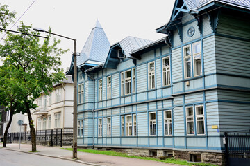 Tallinn, Estonia - Colorful,  blue, wooden building; traditional architecture .near Kadriorg Palace in Tallinn, capital of Estonia