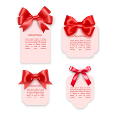Tags with Red bows. Blank white price paper labels with Red ribbons for christmas, birthday or wedding packaging gift vector realistic isolated templates collection