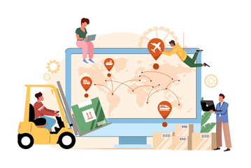 Obraz premium Global logistics concept vector illustration. Goods transportation and distribution. Control logistics operations, administration of delivery service. Supply chain analytics and package delivery 