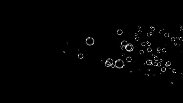 Animation floating of air bubbles quickly appearing. Motion many bubble particles. Realistic soap bubbles or water bubbles. Closeup refreshing mineral bubbles or carbonated drink. Alpha channel. 4K.