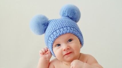 A happy newborn baby in a blue hat with pompoms looks into the camera. A smiling two-month-old infant is lying on a blanket. Beautiful, happy little child with blue eyes.  Cheerful White kid. .