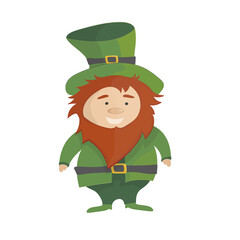 Cartoon Leprechaun in green frock coat and hat. Saint Patricks Day card. Vector