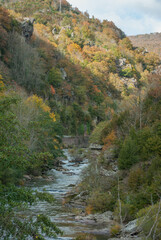 Mountain scenery with river and orange and green trees