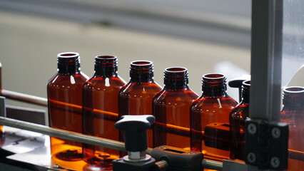 Set collection row of various brown medicine pill glass pipette dropper bottle blank without copyspace label design pattern isolated on white panorama background