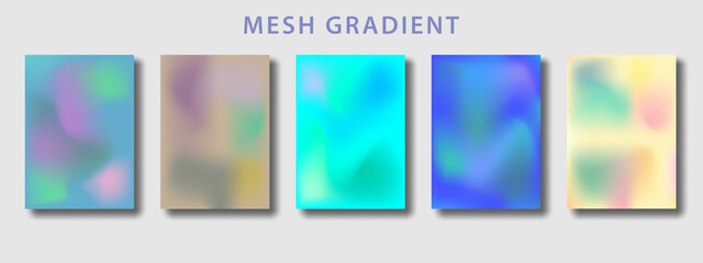 Abstract 5 fluid shapes mesh gradient colors backgrounds set. Modern vector template for brochure, flyer, cover, catalog, poster etc in A4 size. Colored fluid graphic composition.