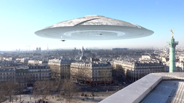 Alien ufo mothership over paris city
Massive spaceship over Paris France with jets flying, alien invasion concept

