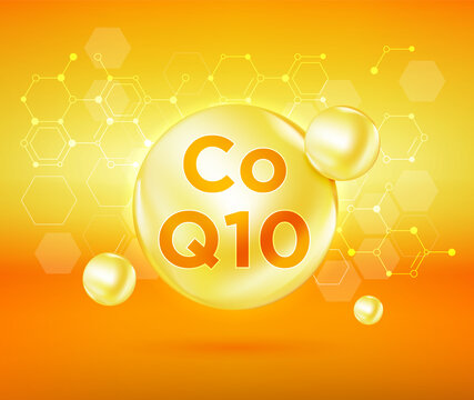 Coenzyme Q10 vitamin on yellow background - vector illustration