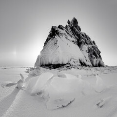 Lonely rock - an island on Lake Baikal under a layer of ice and snow