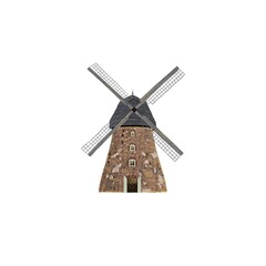 Illustration with retro windmill. Wind energy building in a country. Flour propeller on white background. Isolated.