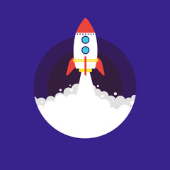 Taking off space rocket on a blue background. Startup concept, speed. Vector stock illustration in flat style. 