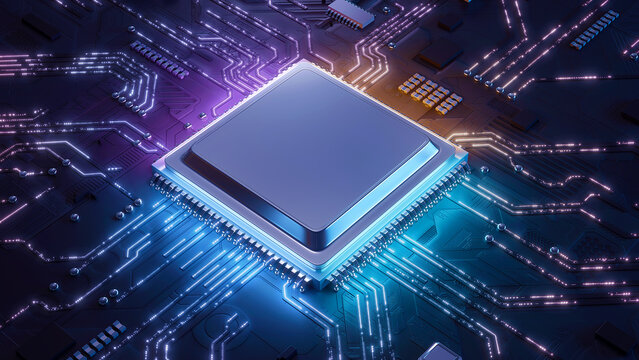 Central Computer Processors CPU concept. Motherboard digital chip. Technology science background. Integrated communication processor. 3D illustration