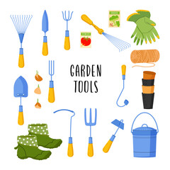 Garden tools vector set isolated on a white background. Spring flat illustration